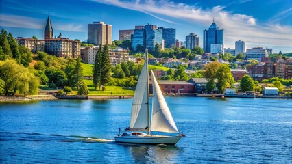 Canvas Print - Sailboat on South Lake Union, Seattle Summer Afternoon - Gas Works Park View