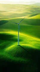 Aufkleber - Single wind turbine standing on vibrant green rolling hills, generating renewable energy in a picturesque landscape, symbolizing sustainable power and environmental conservation