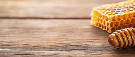 Poster - Golden honey flows in splashes from a wooden dipper onto a rustic wooden surface. The honeycomb nearby adds to the natural presentation of this sweet liquid.