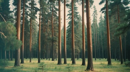 Poster - Majestic Pine Forest with Towering Trees Showcasing Vibrant Greenery and Rich Textures in a Serene Natural Landscape Ideal for Outdoor Enthusiasts