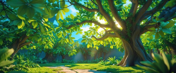 Poster - Lush green tree canopy with vibrant foliage and sunlight filtering through in a serene outdoor setting. Perfect for nature-themed projects.