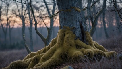 Poster - Moss-covered tree roots in a tranquil forest at dusk showcasing natural beauty and serenity in a cool, muted color palette.