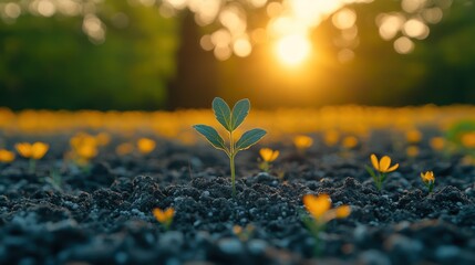 Wall Mural - Sunset field, seedling growth, nature, springtime, hope