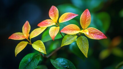 Aufkleber - New leaves in shades of green, yellow, and soft pink catch the gentle morning light, creating a serene atmosphere filled with nature's beauty and harmony