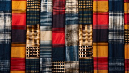 Poster - Colorful cloth patterns featuring a blend of checkered designs and woven textures creating an abstract textile background.