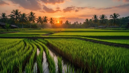Wall Mural - serene rice fields at sunset with lush greenery and palm trees creating a tranquil landscape in vibr