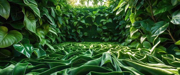 Wall Mural - lush green foliage with textured velvet resembling a natural carpet in a serene environment overflow