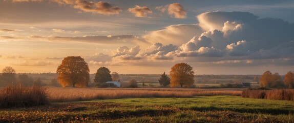 Wall Mural - serene autumn evening landscape with dramatic clouds and reeds in rural setting of tranquil countrys