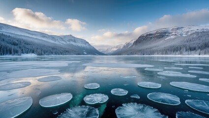 Wall Mural - Winter Landscape with Ice Discs on Frozen Lake Surrounded by Snowy Mountains and Clear Blue Sky