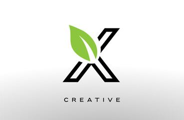 Wall Mural - letter x logo design with green leaf made of black lines vector