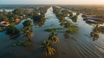 Poster - Aerial View of Lush Backwaters with Palm Trees and Rustic Cottages Under Golden Morning Light