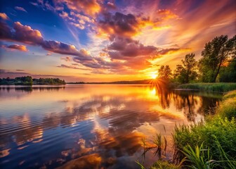 Wall Mural - Serene Summer Sunset Over Calm Lake: Vibrant Colors & Golden Hour