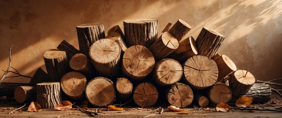 Poster - Cut wooden logs stacked artistically showcasing natural wood textures and warm lighting ideal for rustic decor or nature-themed backgrounds.