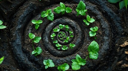 Wall Mural - Spiral seedling growth in dark soil, overhead