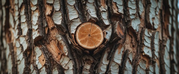 Poster - Textured tree bark featuring a cross-section of a branch highlighting natural patterns and earthy tones in a forest setting.