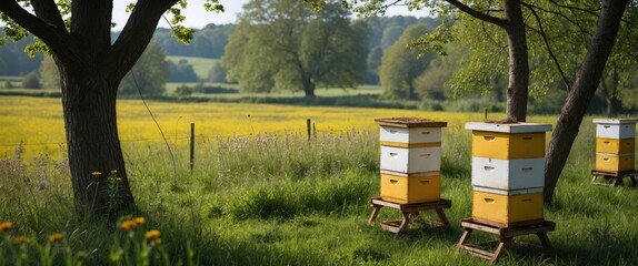 Poster - Beehives in a Serene Landscape Surrounded by Meadows and Trees under Bright Natural Light
