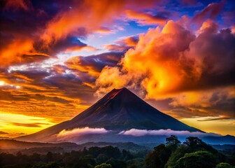 Canvas Print - Silhouette Arenal Volcano Peak Sunrise, Costa Rica - Majestic Mountain Landscape Photography