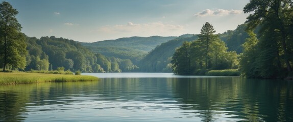 Wall Mural - Serene Lake Landscape Surrounded By Lush Greenery With Calm Water Reflection And Clear Blue Sky Ideal For Tranquil Outdoor Themes