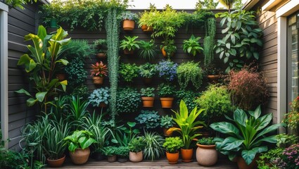 Poster - Vertical garden design showcasing a variety of ornamental plants in natural light, enhancing the aesthetics of a garden wall in residential setting.