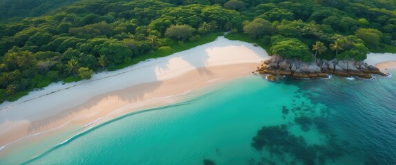Poster - aerial view of a tranquil beach with crystal clear waters and lush green forests highlighting a pict