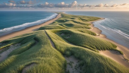 Wall Mural - Aerial Perspective of Lush Green Dunes on Island Shoreline with Serene Ocean View and Dramatic Sky at Sunrise or Sunset