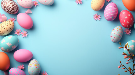 Easter background with easter eggs and flowers