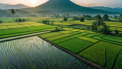 Poster - Aerial View of Lush Green Rice Fields with Majestic Mountain Backdrop During Sunrise.