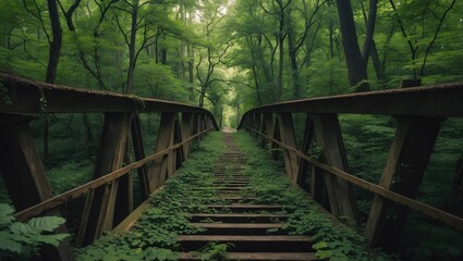 Poster - Lush overgrown bridge in a forest setting inviting exploration and evoking a sense of tranquility amidst dense greenery.