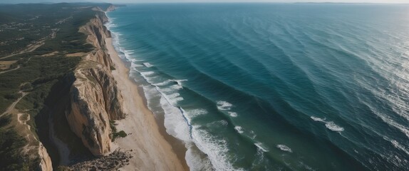 Wall Mural - Aerial View of Dramatic Coastal Cliffs and Serene Ocean Waves with Space for Text Overlay