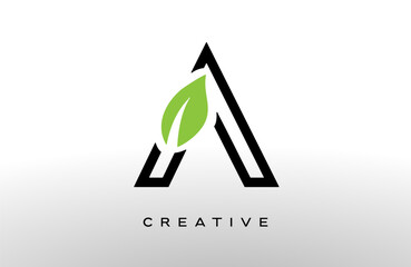 Wall Mural - letter a logo design with green leaf made of black lines vector