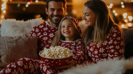 Wall Mural - A family in matching Christmas pajamas sharing popcorn in a living room filled with holiday cheer	
