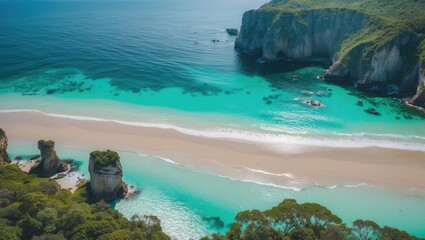 Poster - aerial view of tropical beach with crystal clear water and scenic cliffs perfect for nature and trav