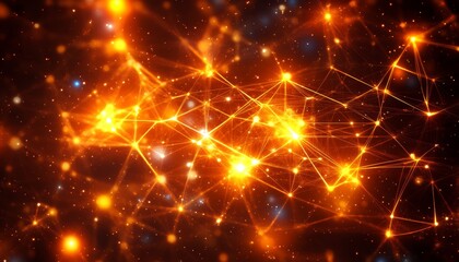 Poster - Glowing Network, Abstract Connections, Data Flow, Orange and Yellow Lights, Sparkles Background.