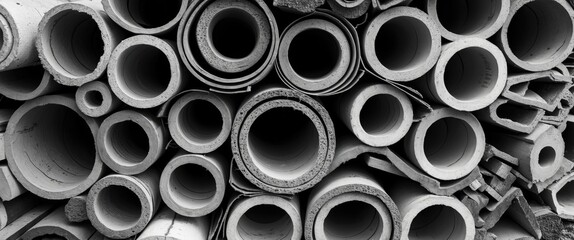 Poster - Abstract composition of various cylindrical construction materials in black and white showcasing textures and shapes for industrial design purposes.