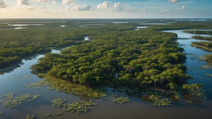 Poster - Aerial View of Lush Mangrove Forest with Calm Waters and Vibrant Greenery Under a Clear Sky