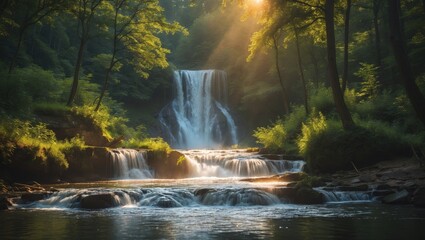 Poster - Serene Waterfall Cascading Through Lush Green Forest Bathed in Golden Sunlight During a Tranquil Summer Day