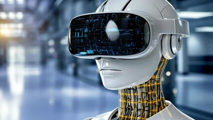Poster - A futuristic robot with virtual reality goggles stands in a sleek, modern space filled with advanced technology and shimmering lights