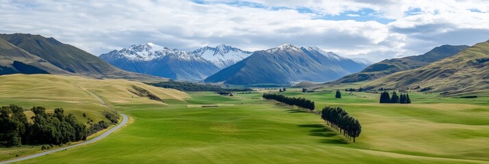 Poster - Stunning panorama of new zealand's countryside features lush green meadows, a winding road, rows of trees, and majestic snow capped mountains under a cloudy sky