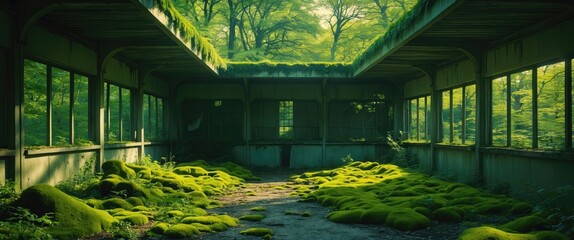 Poster - lush overgrown abandoned shelter with moss and greenery featuring ample copy space for text and crea
