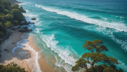 Wall Mural - Aerial View of Turquoise Waves and Sandy Beach with Lush Greenery Ideal for Summer Vacation Background and Text Space