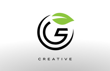 Wall Mural - letter g logo design with green leaf made of black lines vector