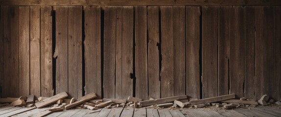 Poster - Rustic weathered barn wood wall with gaps and debris showcasing a vintage and deteriorating aesthetic in a cozy interior setting