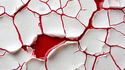Poster - Cracked white surface revealing red underneath, creating a striking contrast and abstract texture.