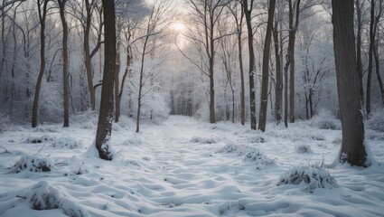 Poster - Serene winter landscape with a snowy forest floor and trees under soft sunlight during a tranquil winter day.