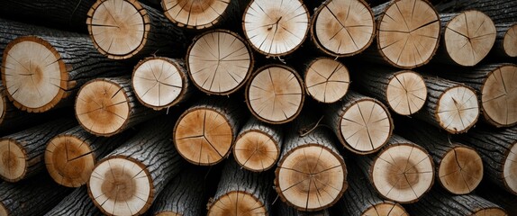 Poster - Background of neatly arranged cut tree trunks showcasing natural wood textures and patterns ideal for rustic or nature-themed designs.