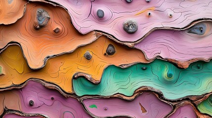 Poster - Colorful, textured layers of material create an abstract pattern, showcasing a blend of warm and cool tones in an artistic design.