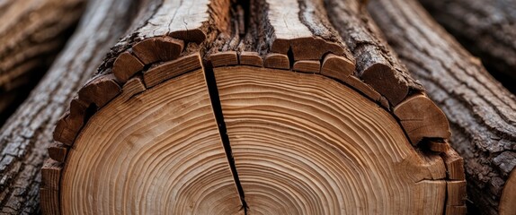 Poster - Wood cross-section showcasing intricate horizontal and vertical grooves with natural textures and patterns in a close-up view.