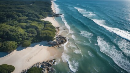 Poster - aerial view of serene beach with lush greenery and gentle ocean waves featuring space for custom tex
