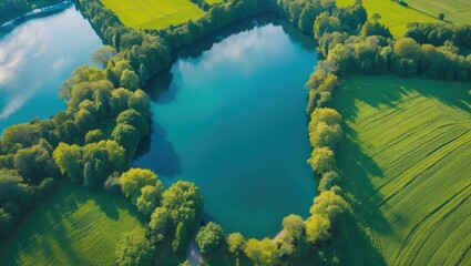 Wall Mural - Aerial View of Serene Blue Lake Surrounded by Lush Green Fields and Forests in Bright Summer Day Ideal for Nature Backgrounds and Copy Space