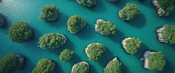 Wall Mural - Aerial View of Lush Green Islands Surrounded by Turquoise Waters with Open Space for Text and Design Elements